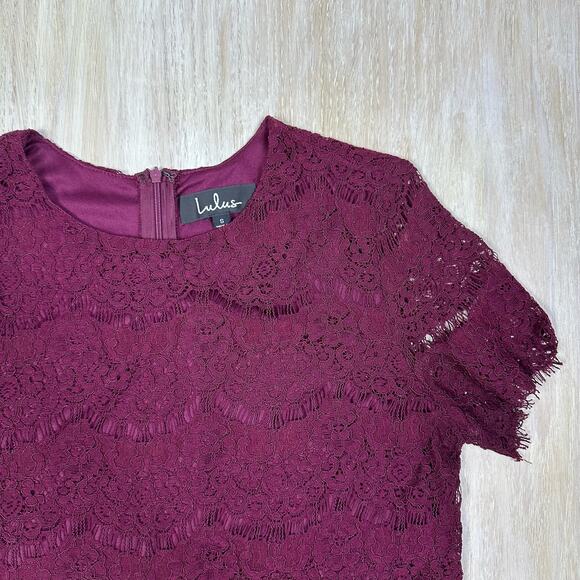 Lulu's Burgundy Take Me to Brunch Lace Shift Mini Cocktail Dress Size Small - Picture 3 of 16
